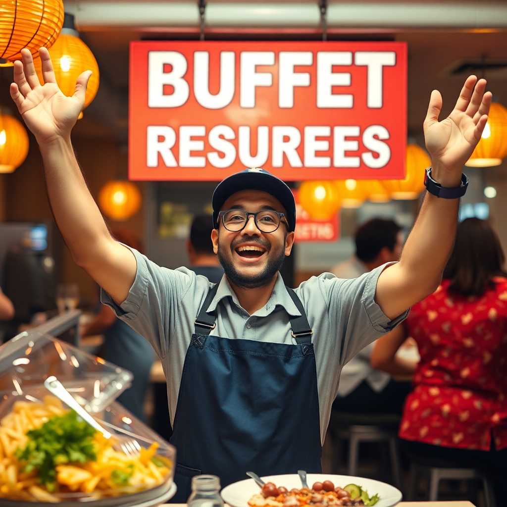 Happy buffet owner celebrating text-based reservations