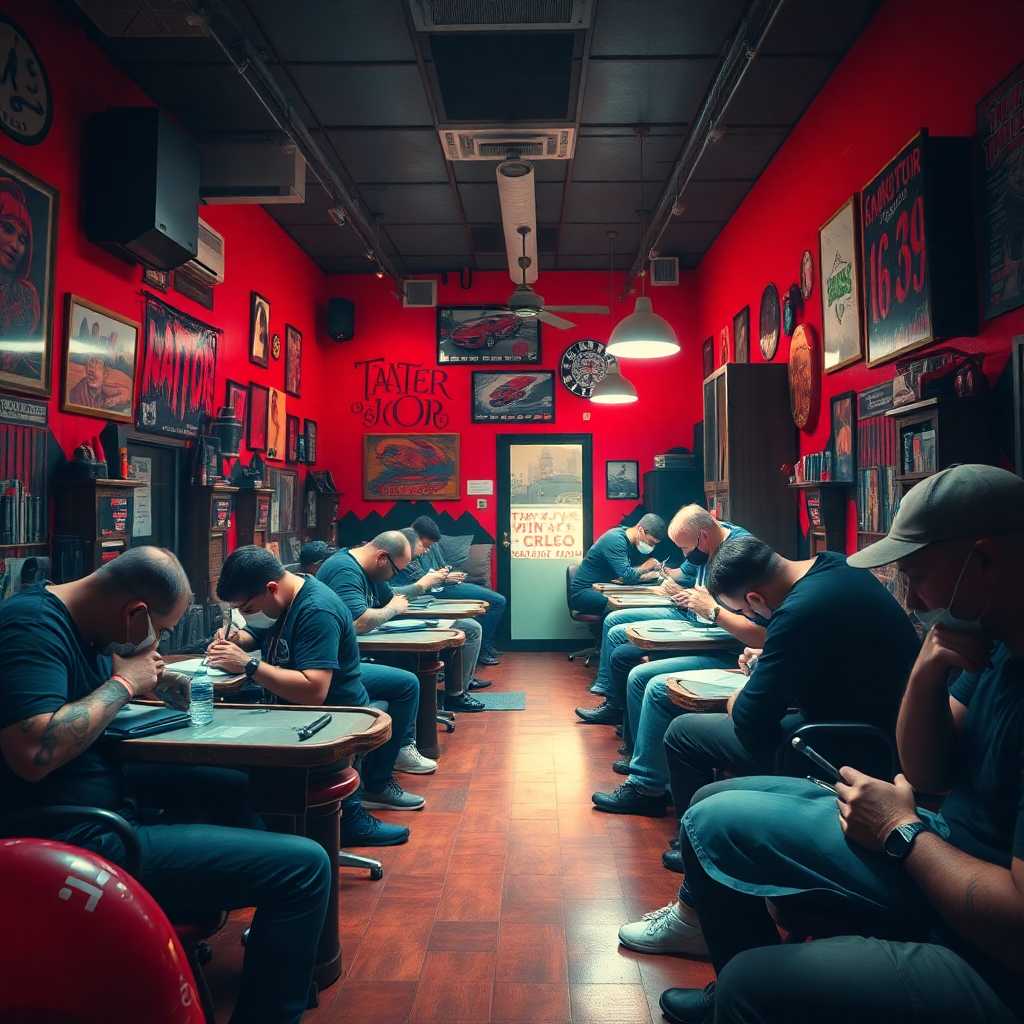 Bustling Tattoo Studio Interior with Multiple Artists at Work
