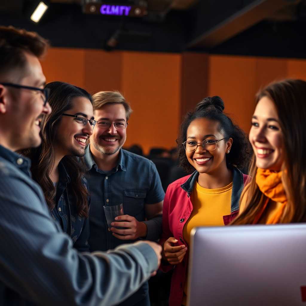 Smiling theater team, showcasing workflow efficiency gains.
