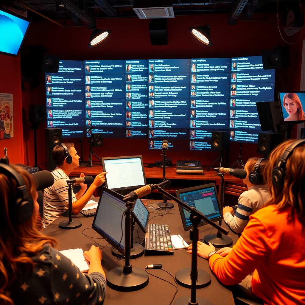 A bustling podcast production studio with a stream of messages on a screen.