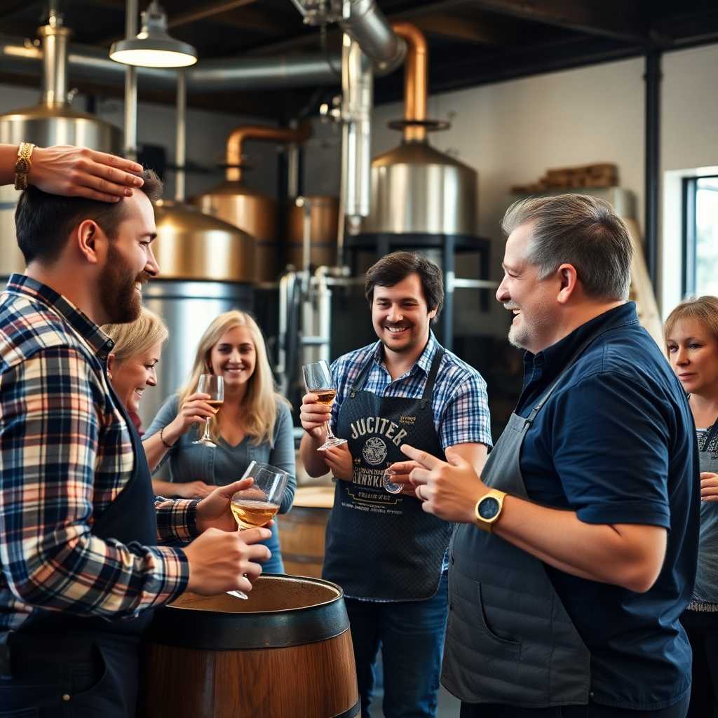 Happy customers engaging with a distillery owner