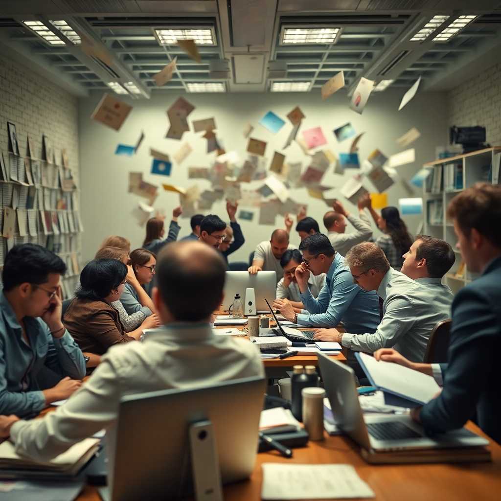 Chaotic office with overflowing inbox as consultants scramble to respond