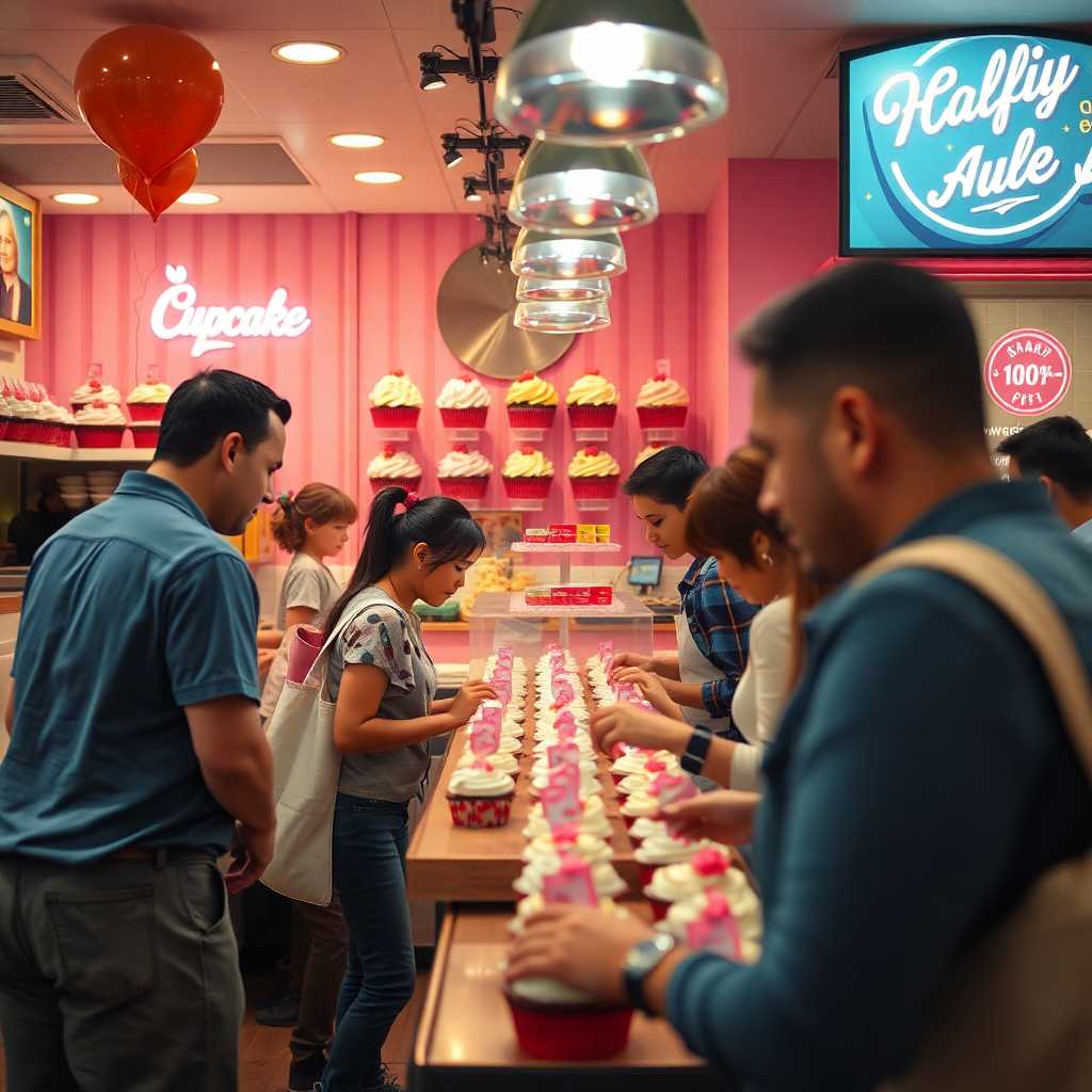 A busy cupcake shop during a promotional rush