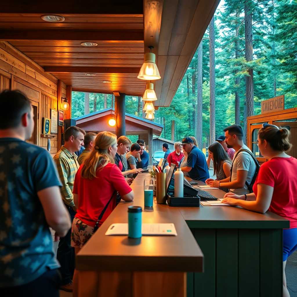 Campground reception desk busy with inquiries