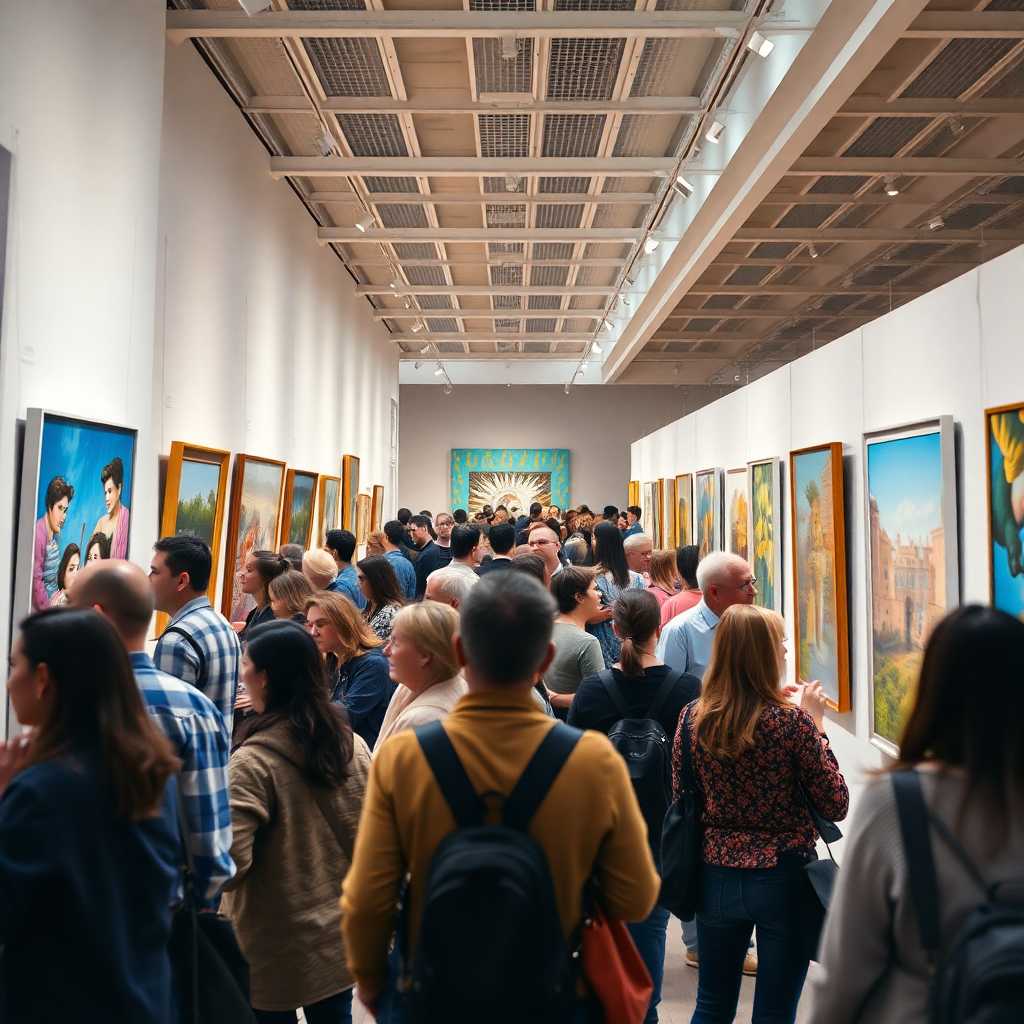 A busy art gallery with patrons engaging enthusiastically with art pieces