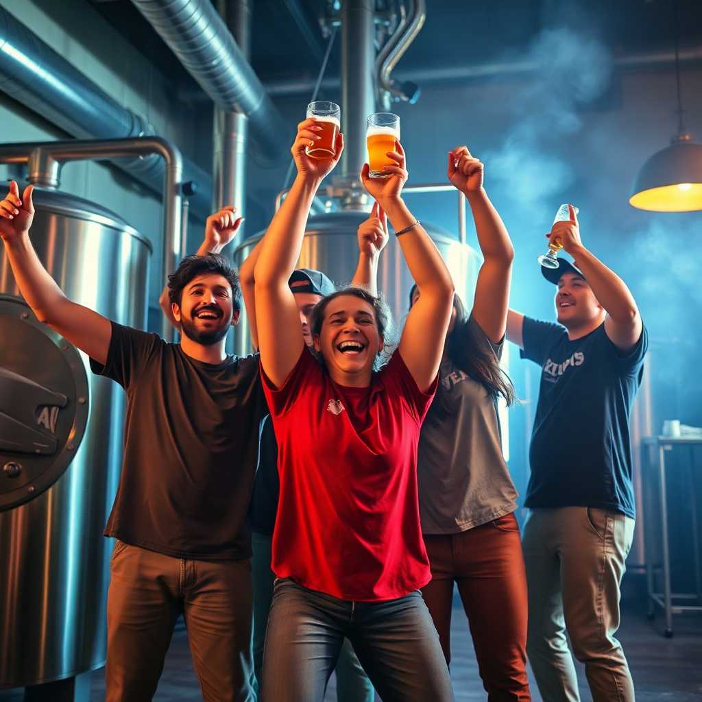 Brewery team victoriously celebrating as they wrap up another successful event.