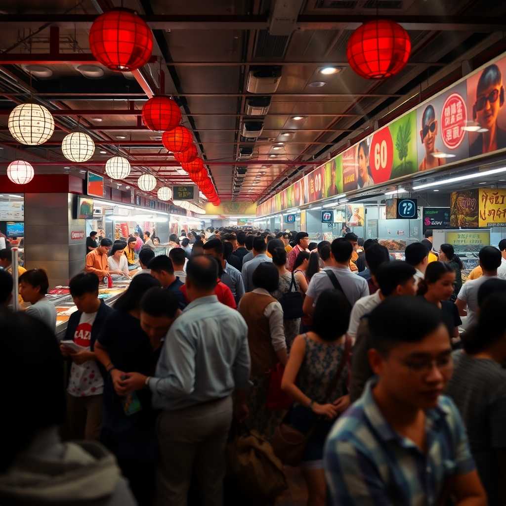 A chaotic buffet restaurant with lines of people and bustling activity.