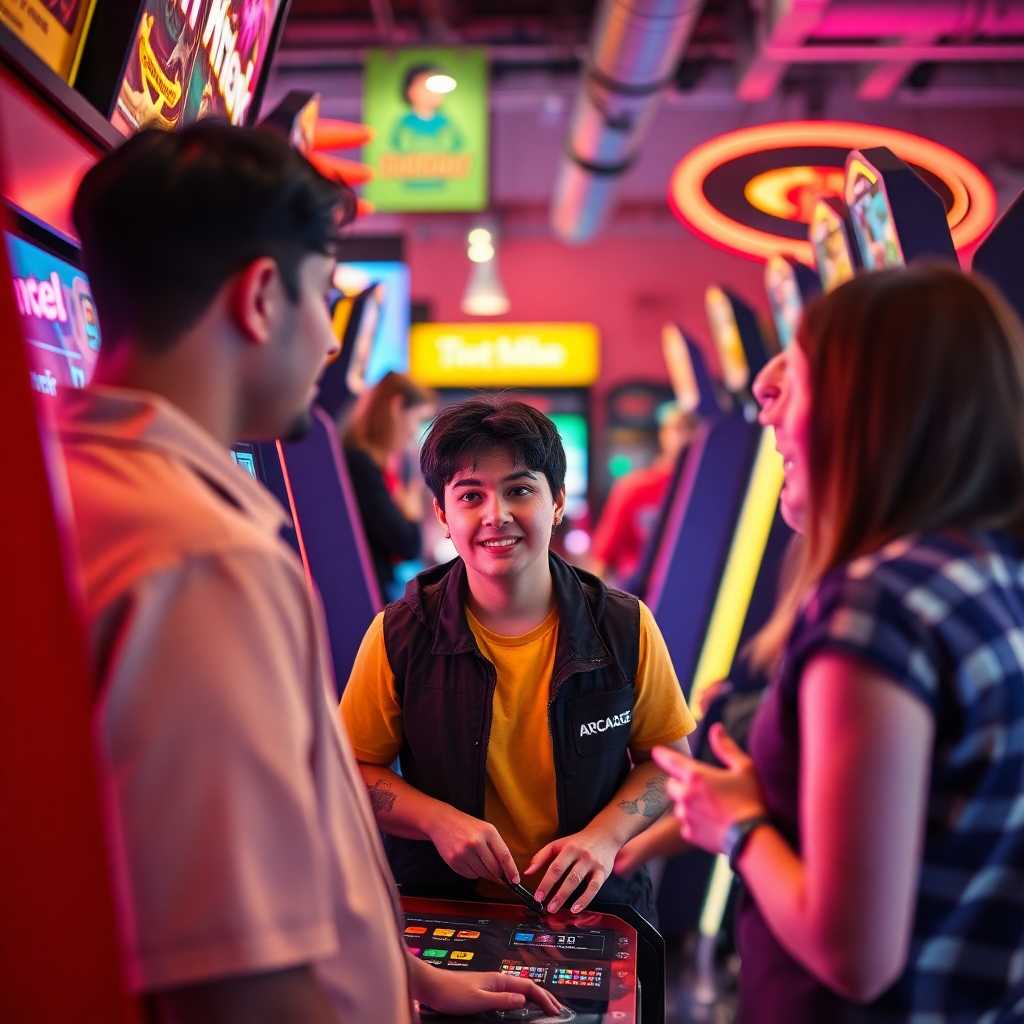 Engaged arcade staff reviewing customer interactions on a screen