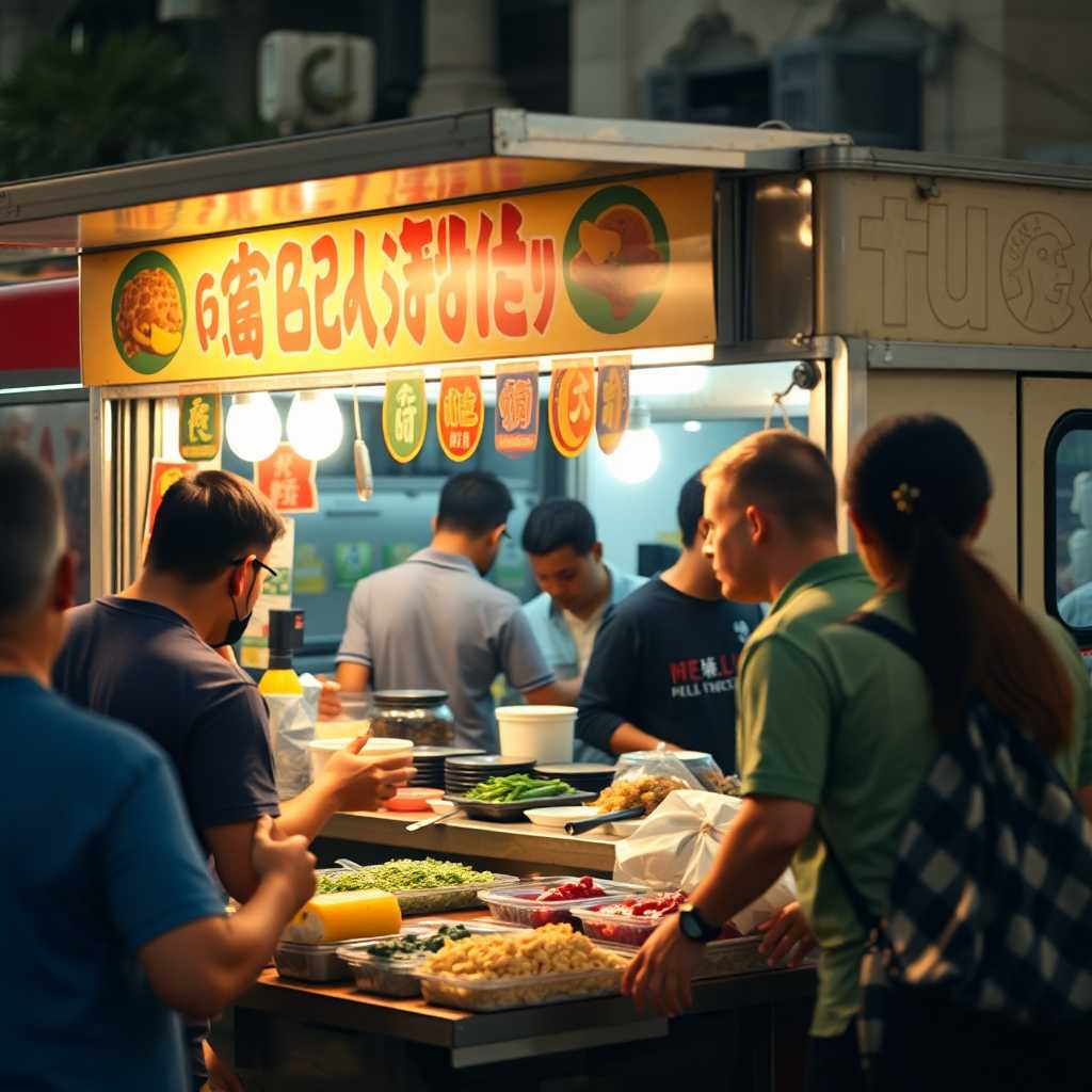 Busy food truck at peak hours with bustling staff