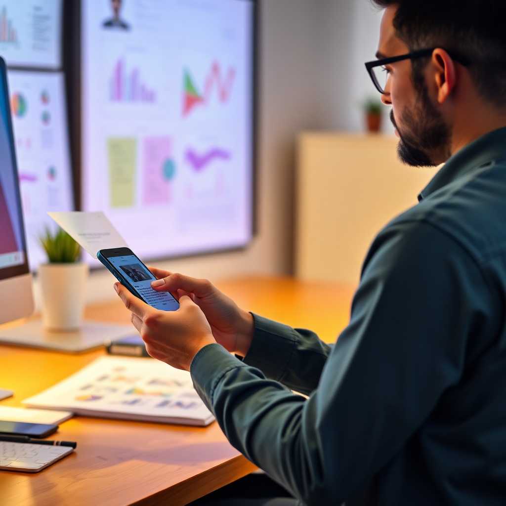 Designer texting a client while reviewing project plans