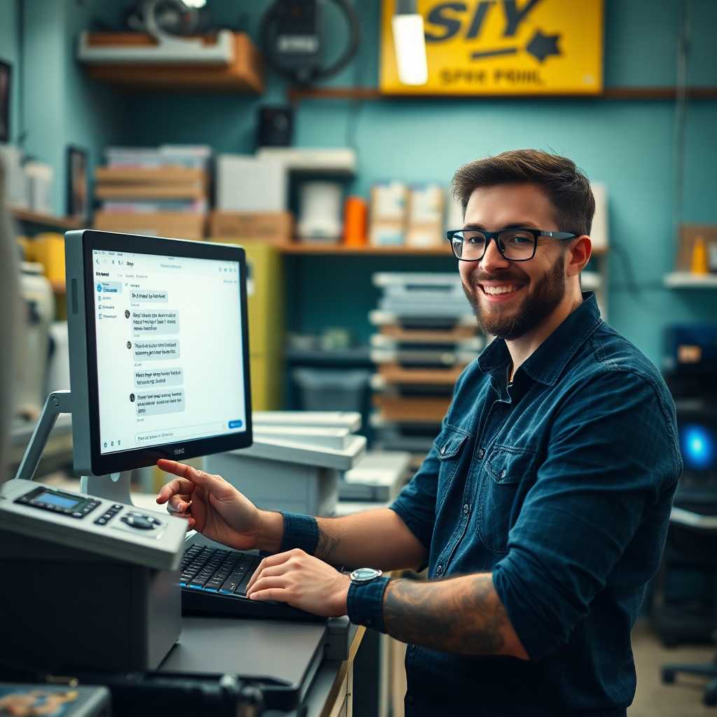 Happy print shop owner checking SMS messages from a desktop portal