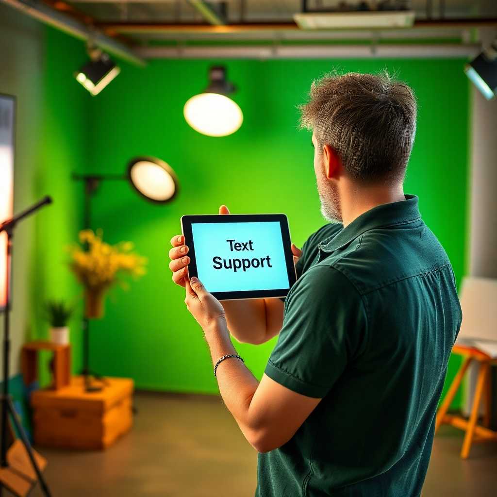 A photography studio owner holding a tablet showing TextSupport interface