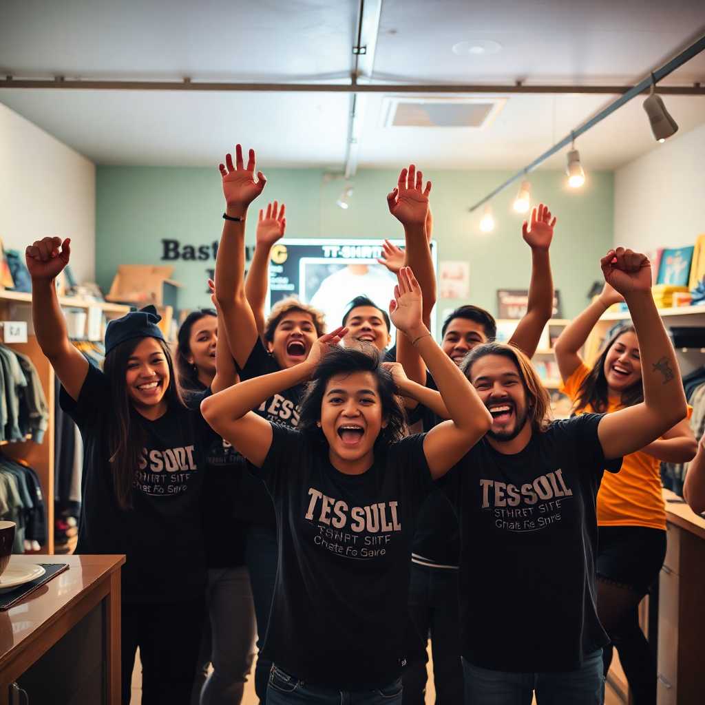 An energetic T-Shirt Shop team celebrating at the end of a successful day