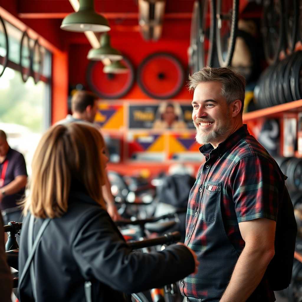 Bike shop owner smiling while interacting with customers.