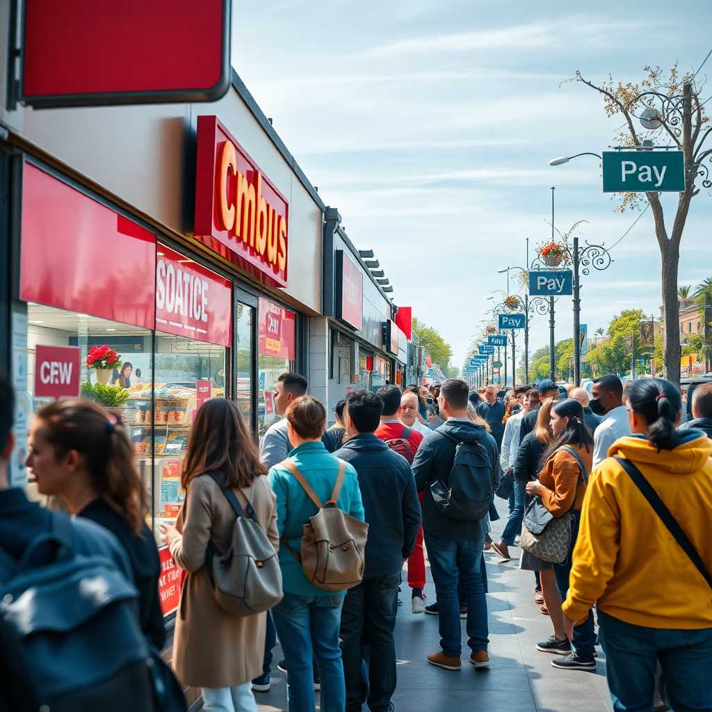 A busy storefront with lines of customers waiting for service