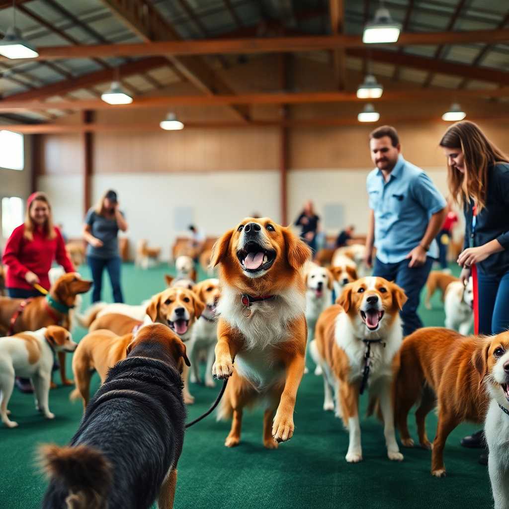 A bustling dog training class with trainers managing enthusiastic canines and owners.