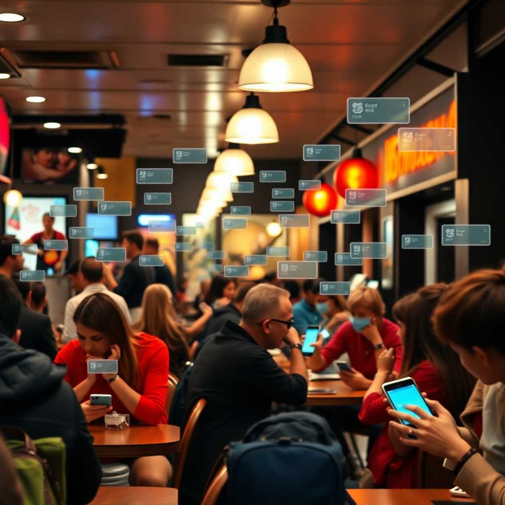 Busy cafe with numerous SMS notifications