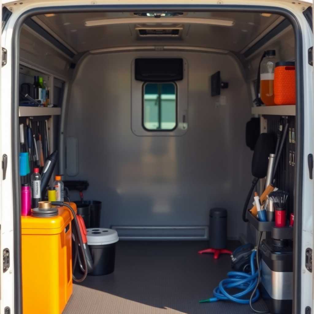Grooming tools neatly arranged inside a mobile van.