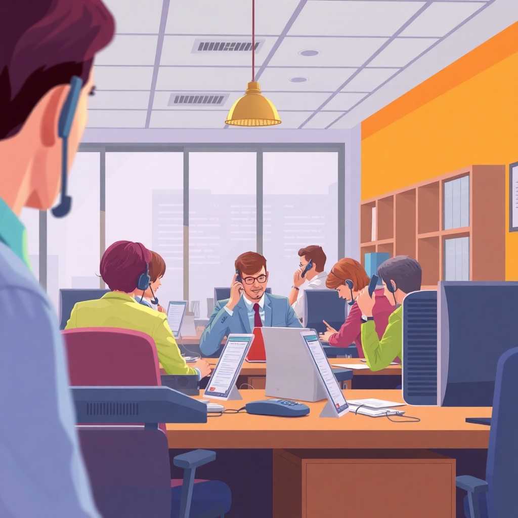 Illustration of a busy office with multiple incoming calls