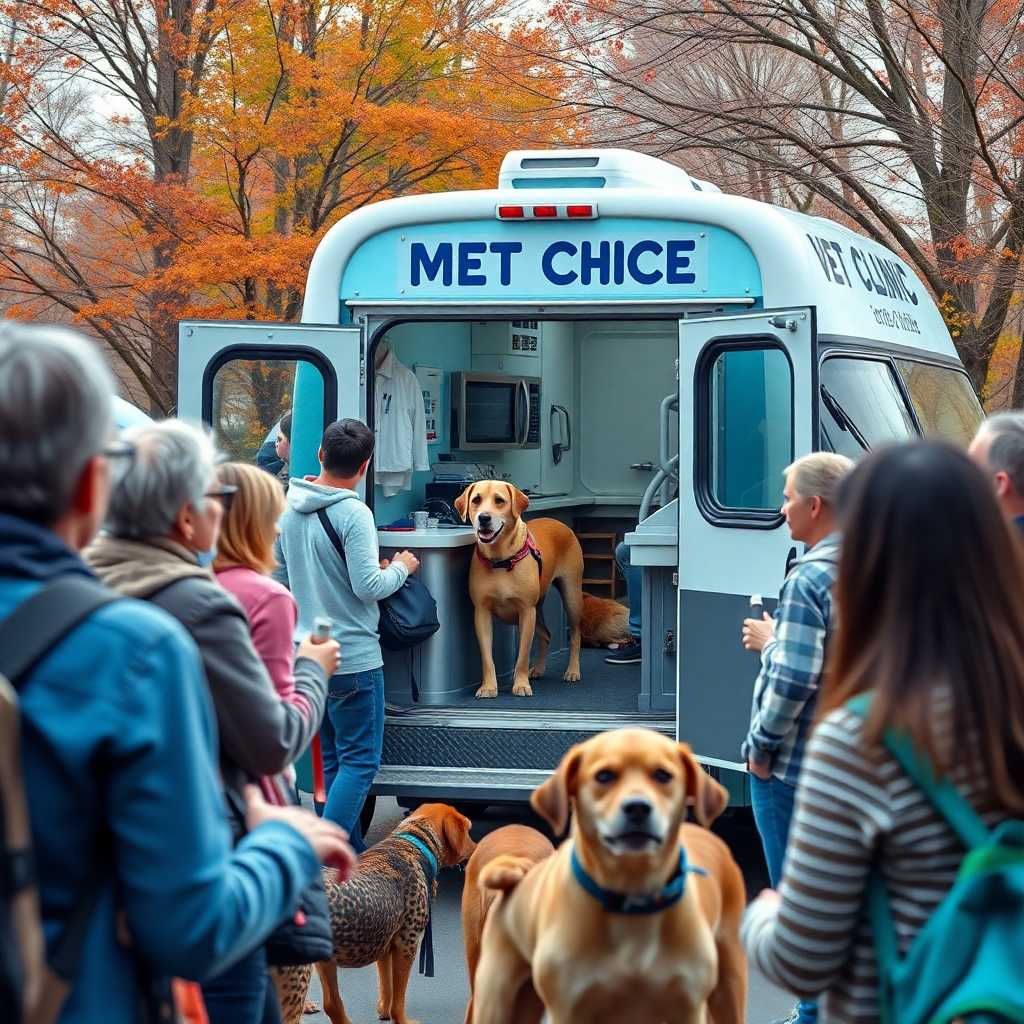 An active mobile vet clinic surrounded by engaged pet owners. Ensures minimized missed calls.