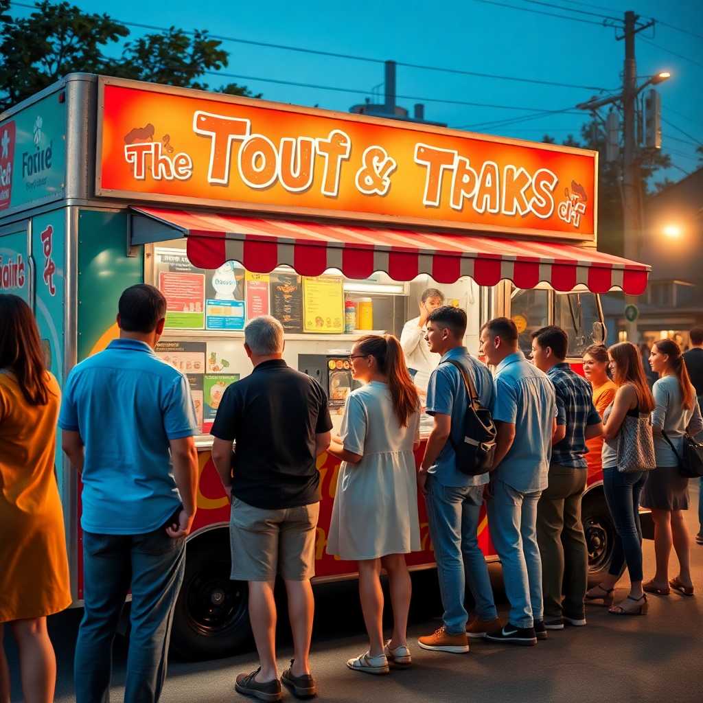 A bustling food truck with a queue of waiting customers