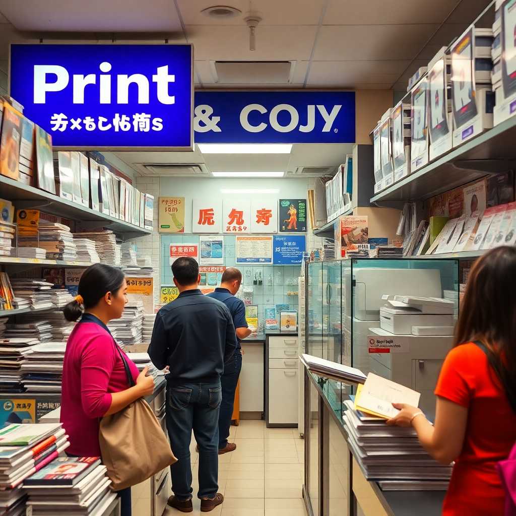 A bustling Print and Copy shop with employees handling various customer queries.