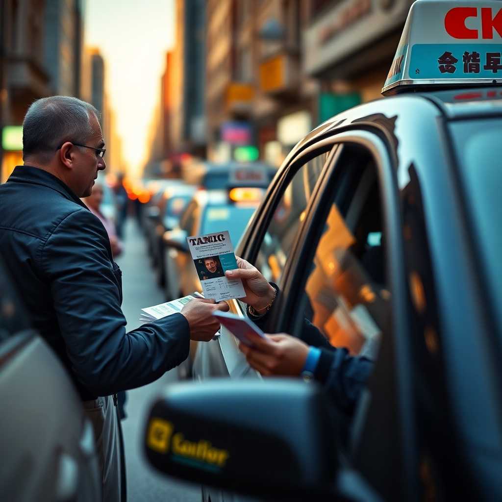 A taxi driver handing promotional flyers to a customer