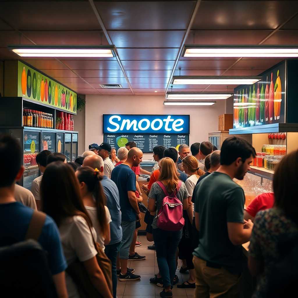 A crowded smoothie bar with staff attending to customers.