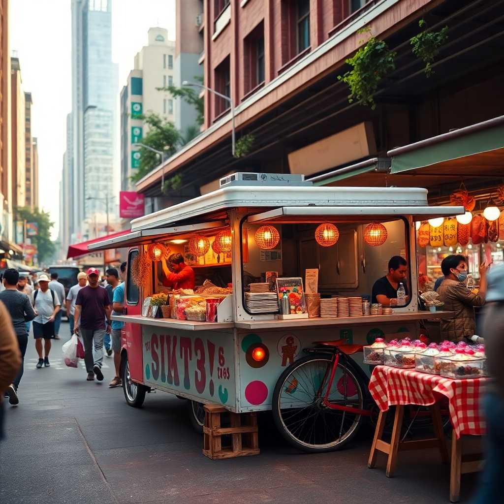 Food truck parked amidst a bustling city market scene