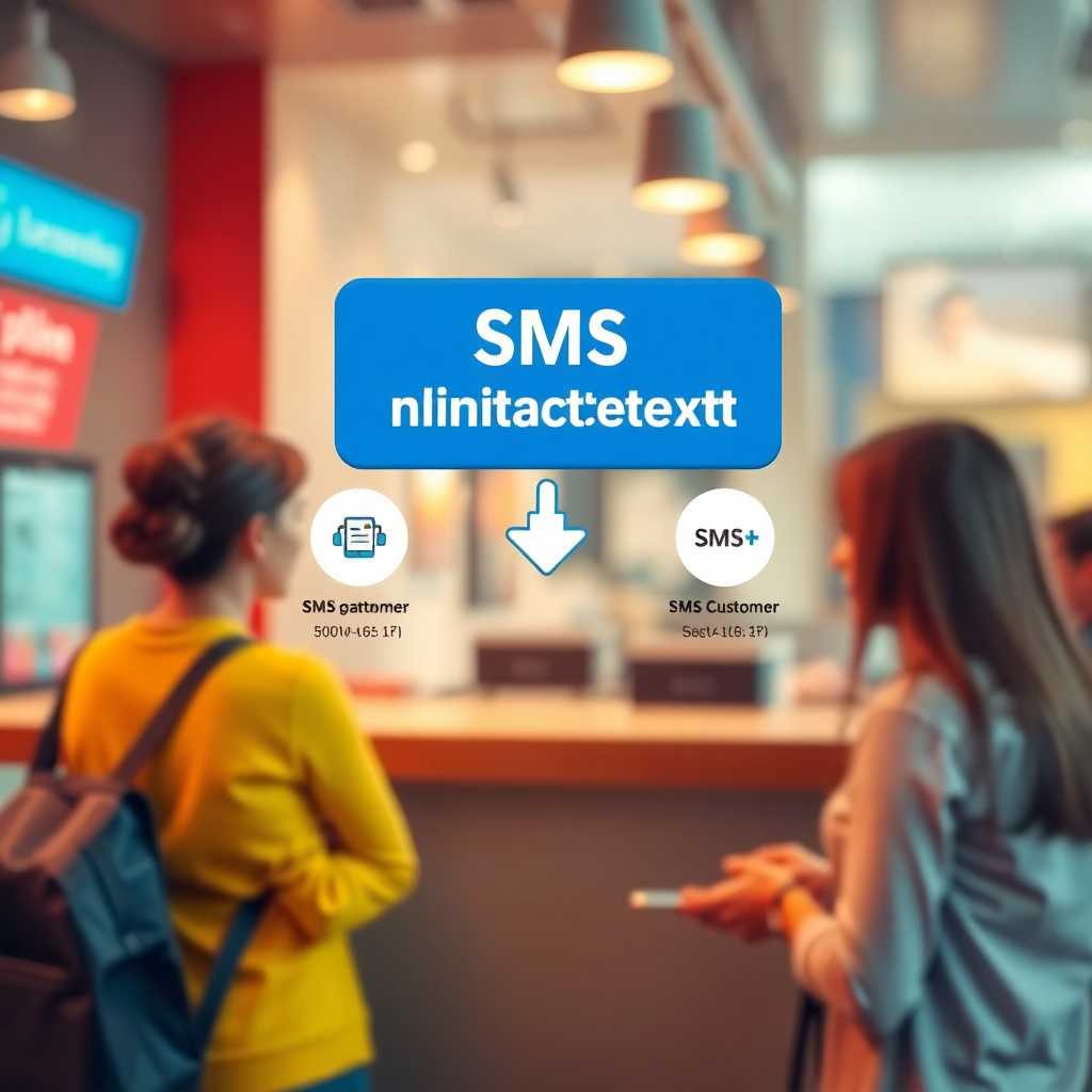 Infographic showing SMS interaction flow with arrow pointing to the customer service desk