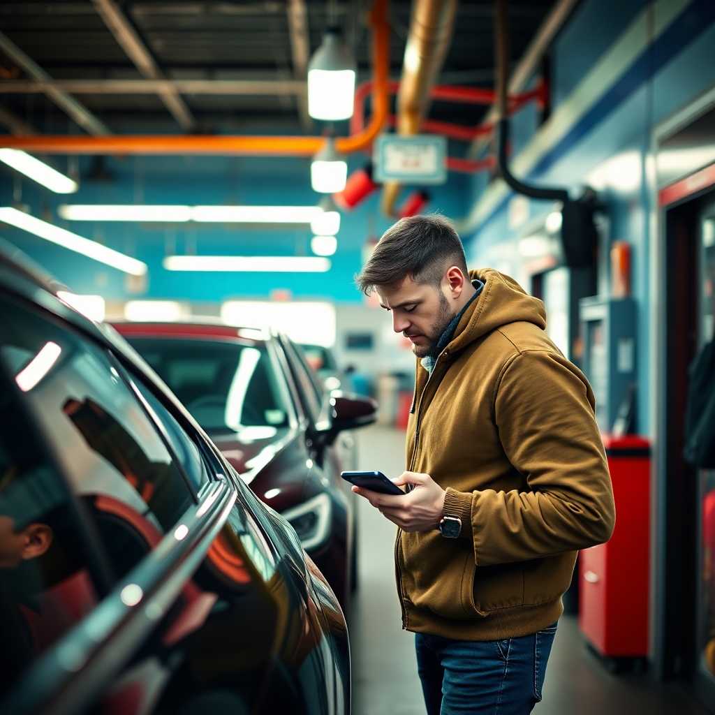 Customer at busy detailing shop with phone in hand