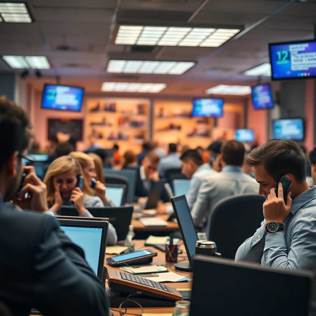 A chaotic office environment with phones ringing and texts appearing on screens
