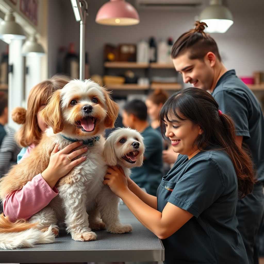 Grooming salon staff engaging with pets and owners personally