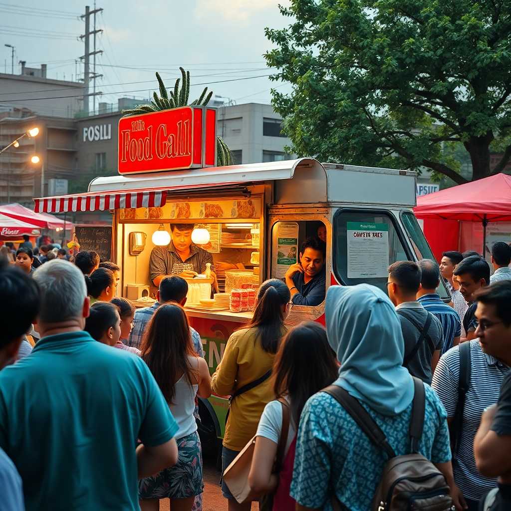 A bustling food truck surrounded by eager customers.