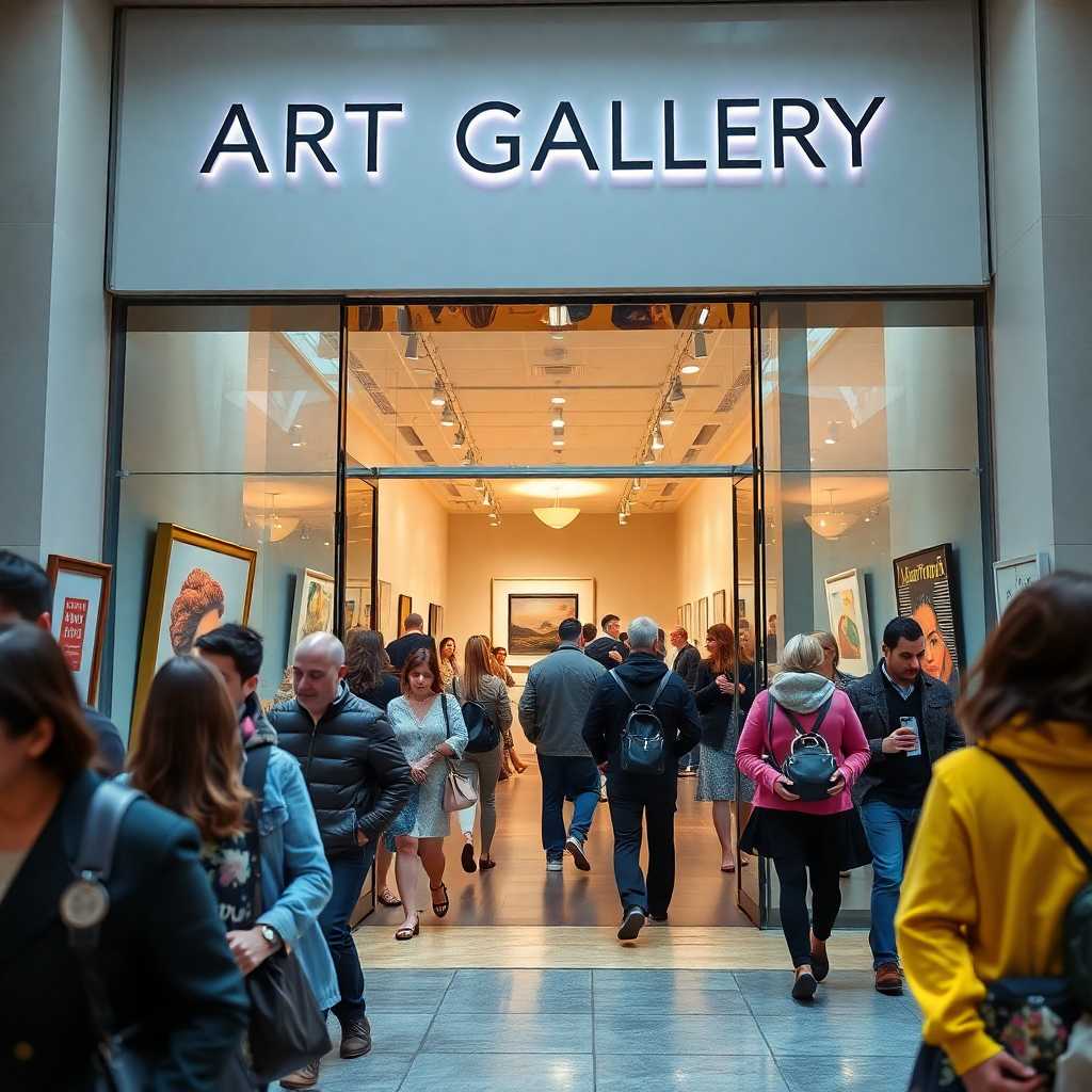 An art gallery entrance with high foot traffic, signaling successful marketing