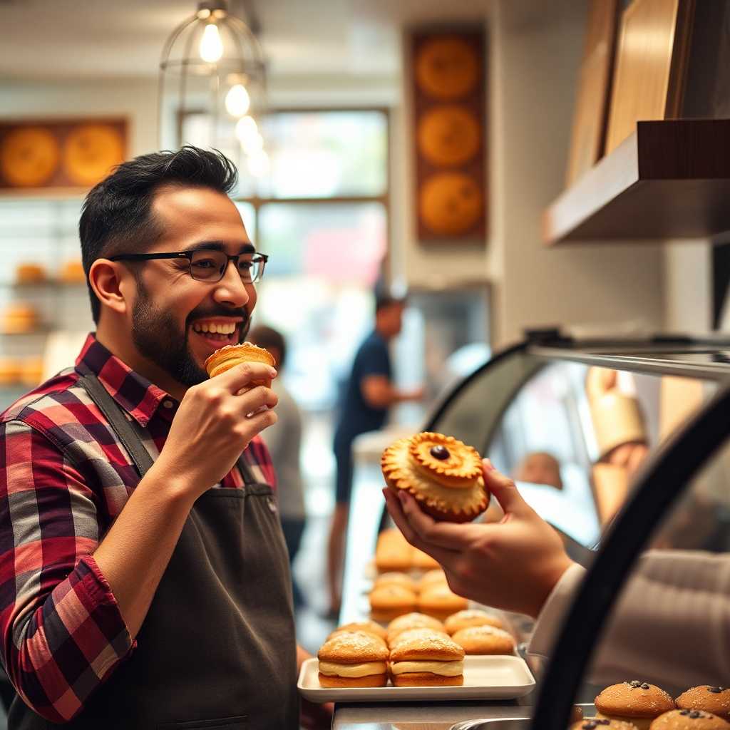 Happy bakery customer enjoying a pastry
