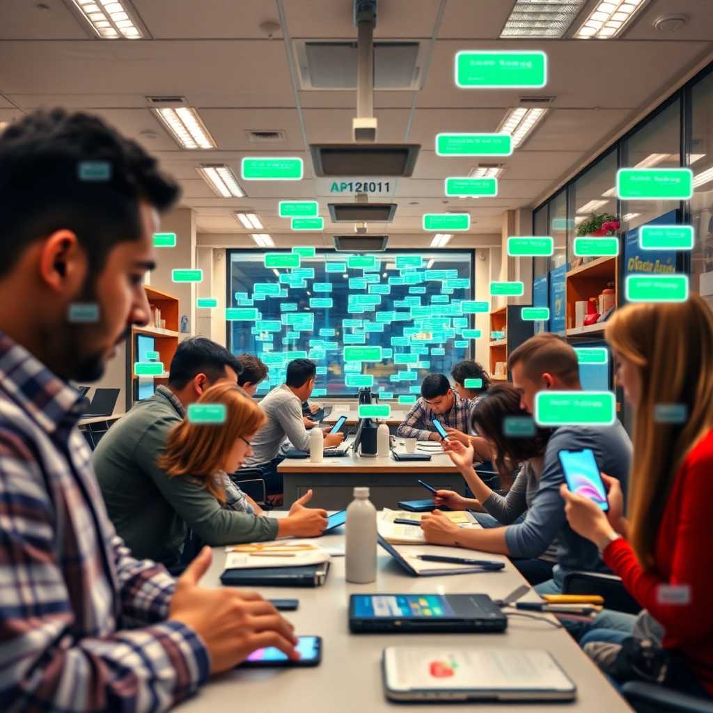 A bustling app agency office, filled with incoming SMS notifications