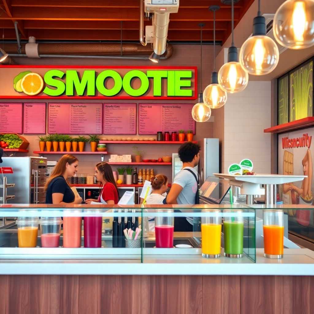 A bustling smoothie bar with busy staff behind the counter