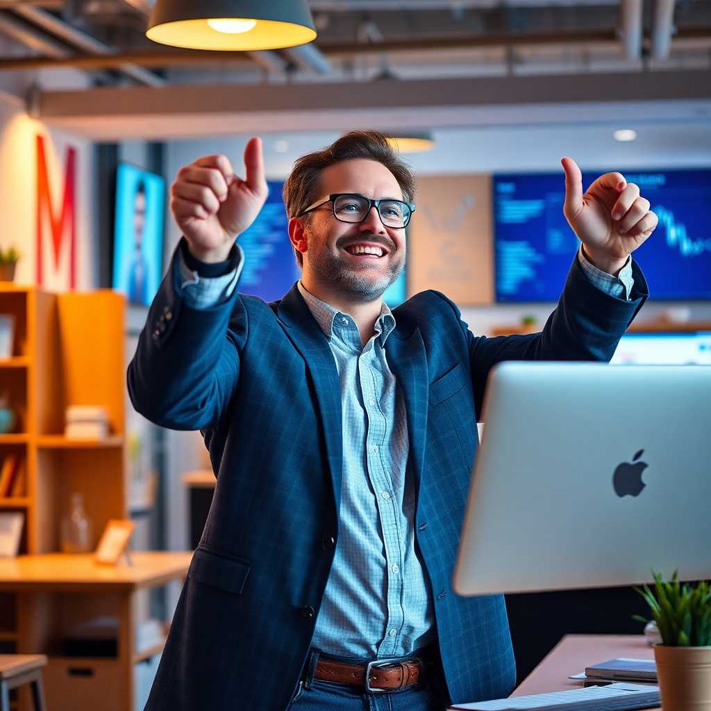 A business owner triumphantly checking a CRM