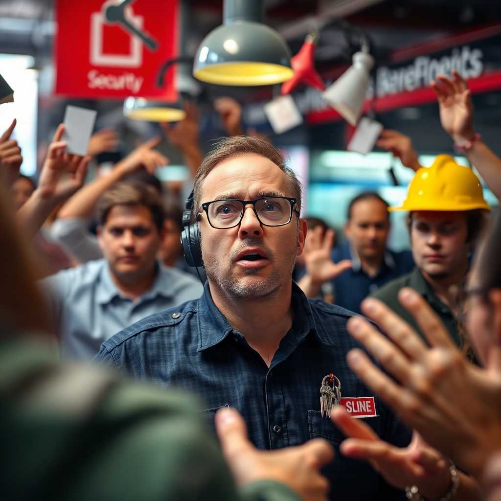 Overwhelmed security business owner amidst potential customer chaos