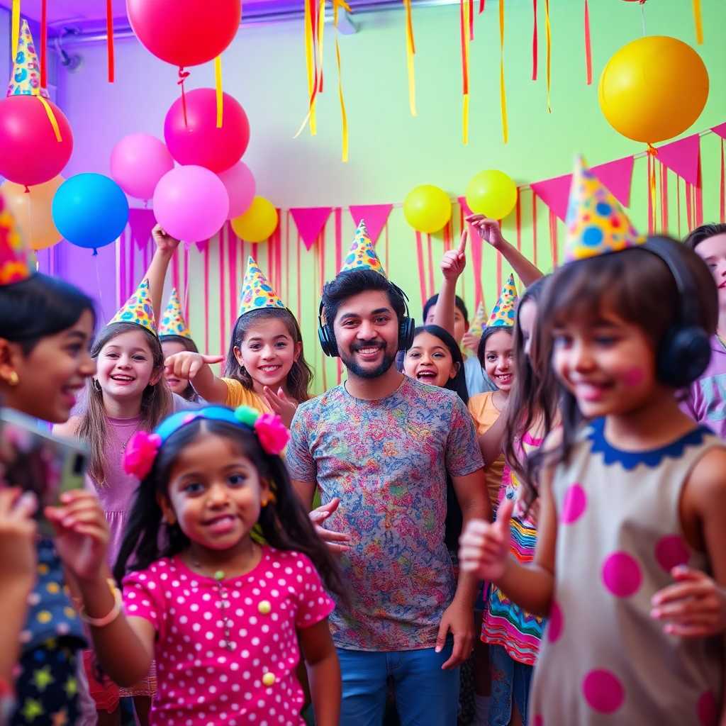 A colorful party scene showcasing happy kids and party facilitators
