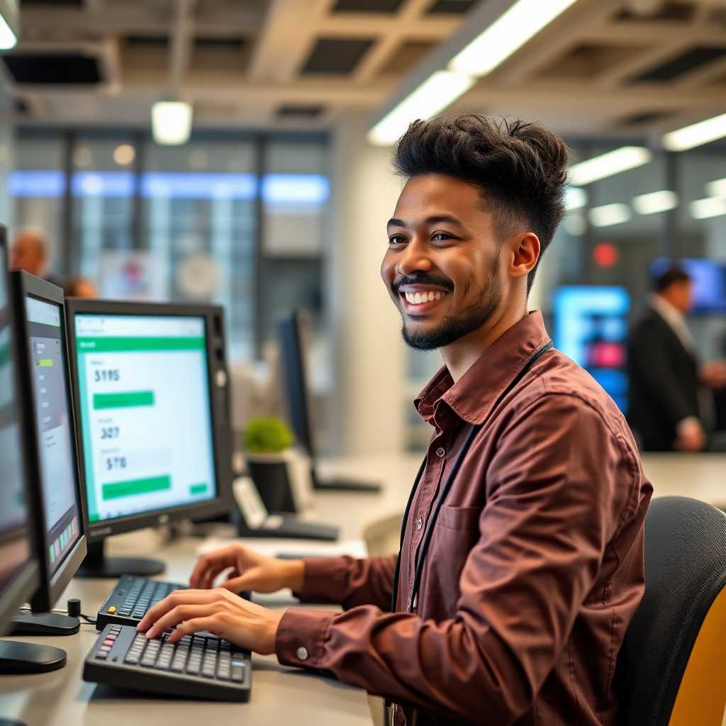 Employee smiling while managing SMS console