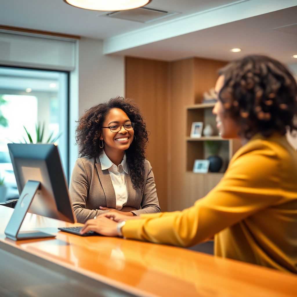 A satisfied client at reception desk after scheduling via SMS