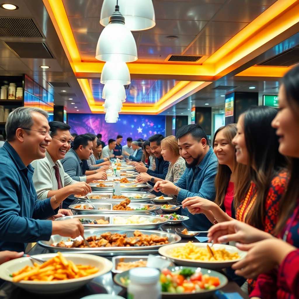 Happy customers enjoying a meal at a bustling buffet restaurant
