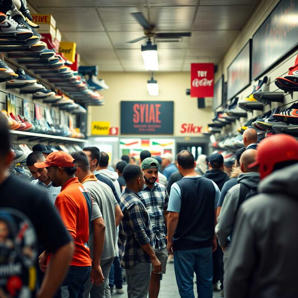 A crowded skate shop with employees struggling to manage customer requests. Call us today to streamline your business!