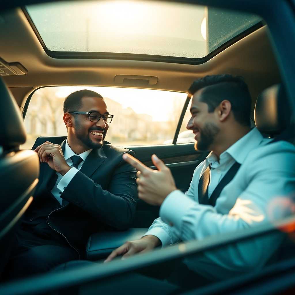 A professional chauffeur in a luxury vehicle with a satisfied customer texting and smiling