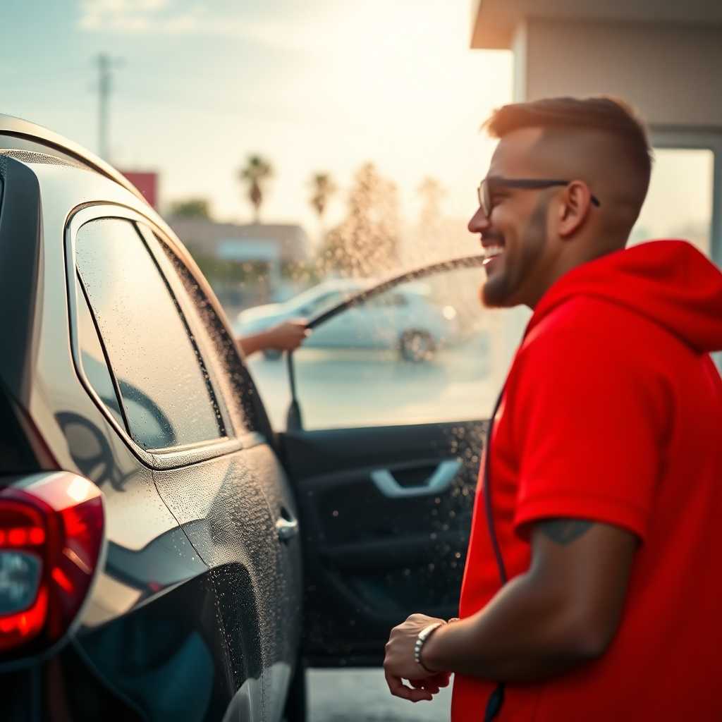 Happy customer leaving car wash with a smile