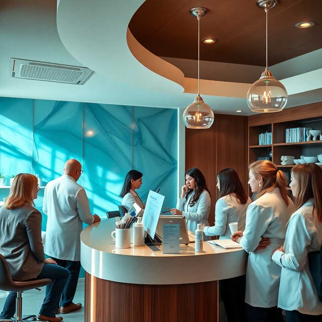 Busy medical spa front desk with clients