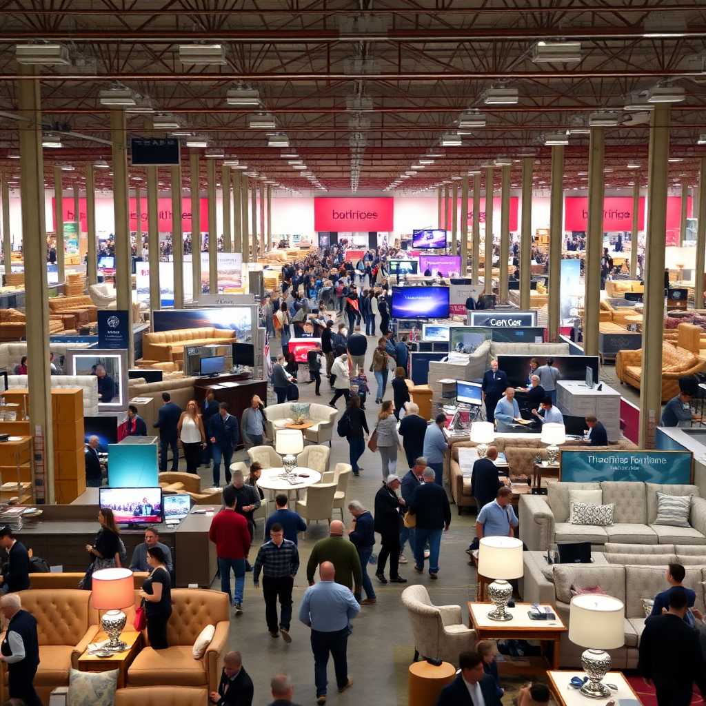 A busy event furniture warehouse filled with action and energy.