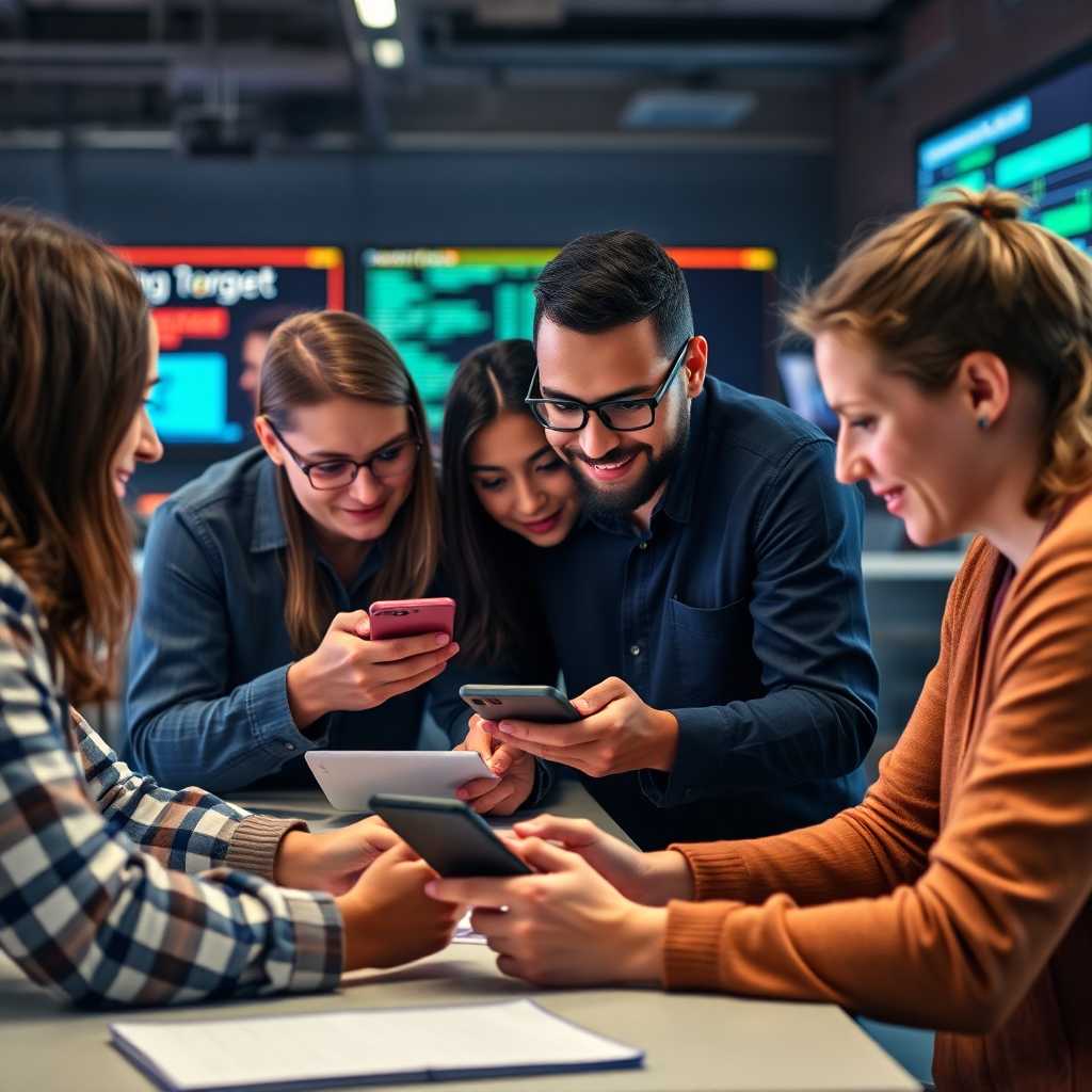 Developer team collaborating, using smartphones and laptops to handle client communications
